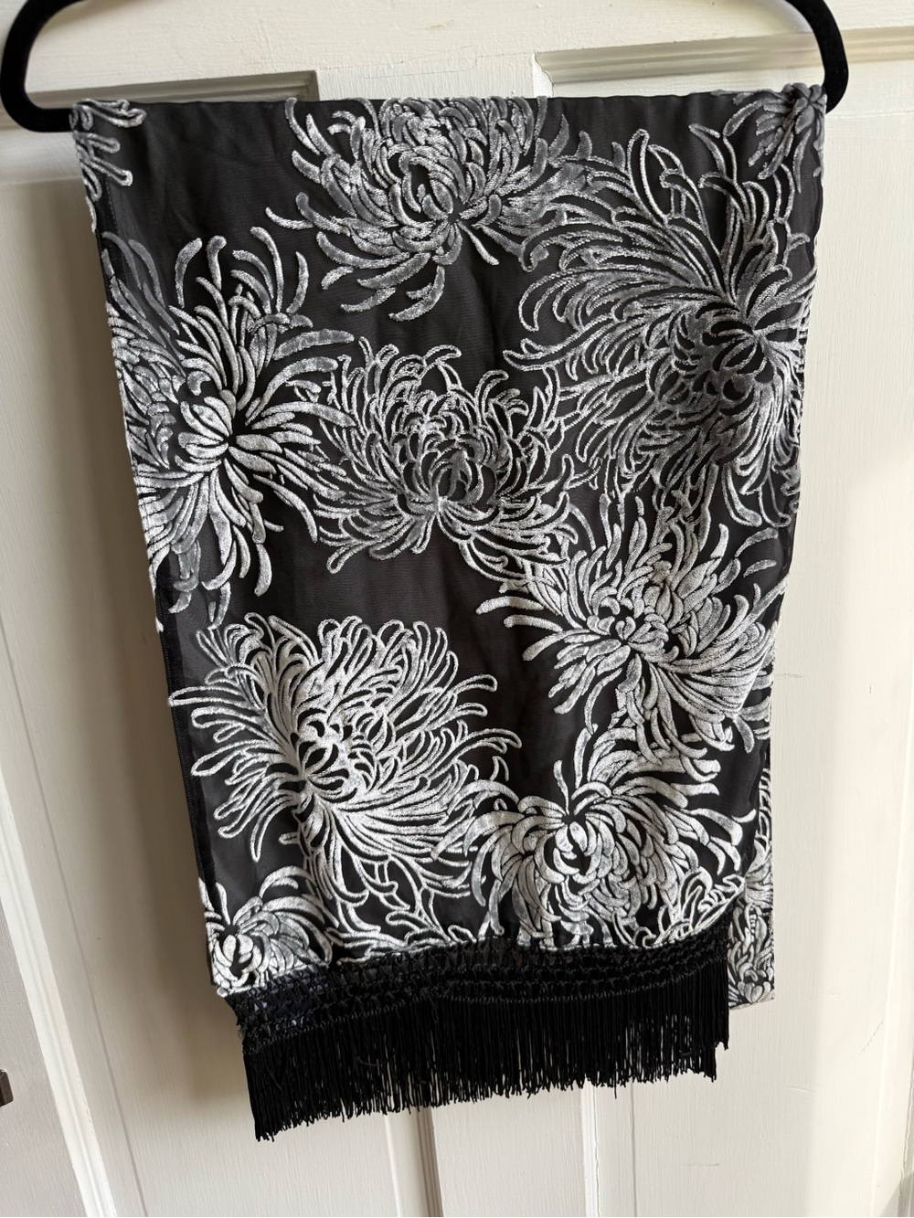 Susan Graver Burn out Velvet Black Scarf with SilverFloral Embroidery and Fringe
